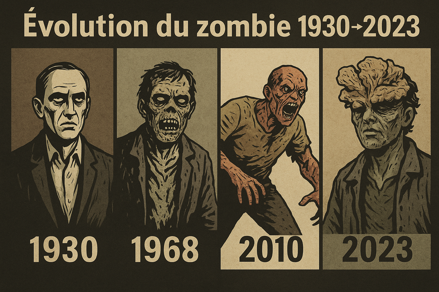 Timeline visuelle : Évolution du zombie 1930 → 2023
